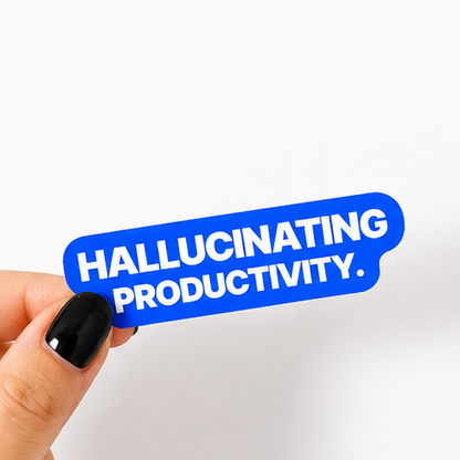 Blue Sunday Said sticker with white text reading “Hallucinating productivity.”