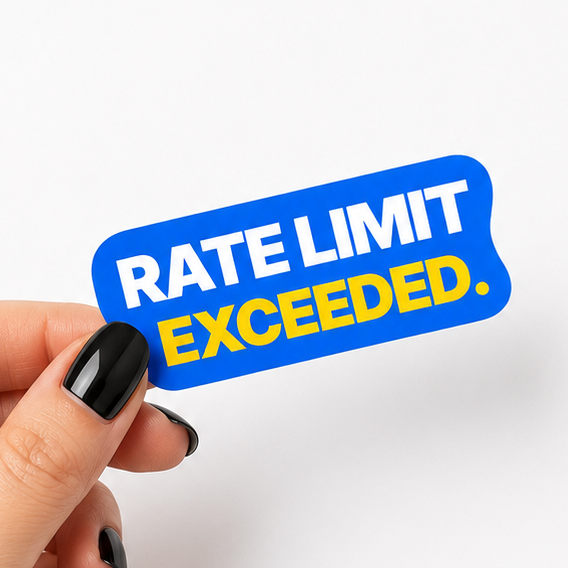 Blue tech humor sticker with white and yellow text reading “Rate limit exceeded.”