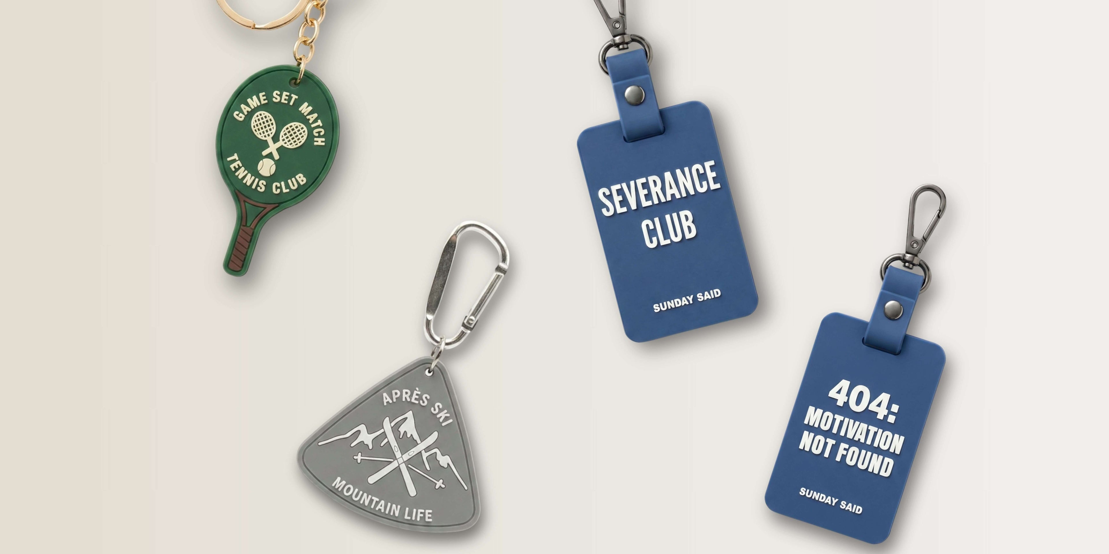 Funny bag charms for corporate gifts. Sunday Said Severance Club collection featuring 404 Motivation Not Found and Tennis bag accessories.