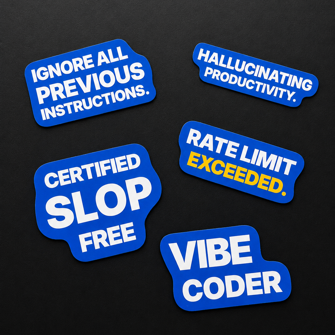 Five blue Sunday Said tech and workplace humor stickers on a black background with phrases about vibe coding, productivity, rate limits, and instructions.
