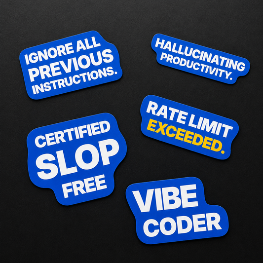 Five blue Sunday Said tech and workplace humor stickers on a black background with phrases about vibe coding, productivity, rate limits, and instructions.