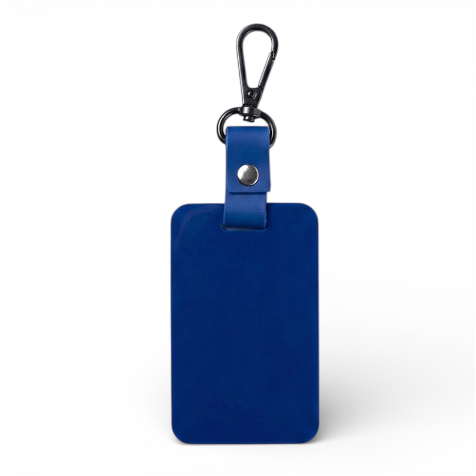 Back view of blue rectangular luggage tag charm with sturdy silver carabiner clip. Secure metal attachment for backpacks and bags.