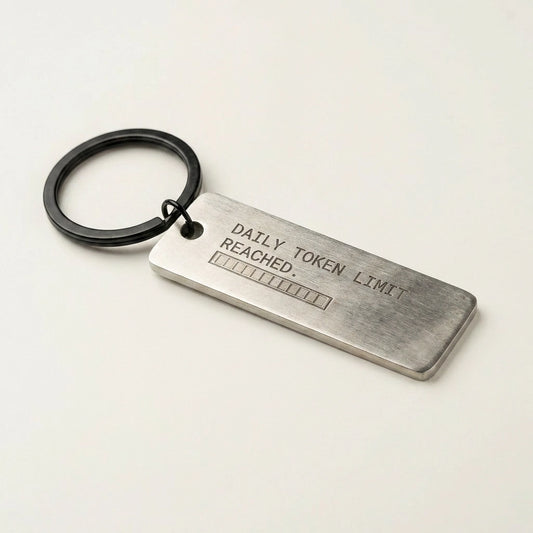 Metal keychain with 'Daily Token Limit Reached' text engraving on a light background