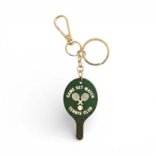 Green retro tennis racket bag charm with Game Set Match text. Cute tennis gift and keychain accessory for tennis bags by Sunday Said.